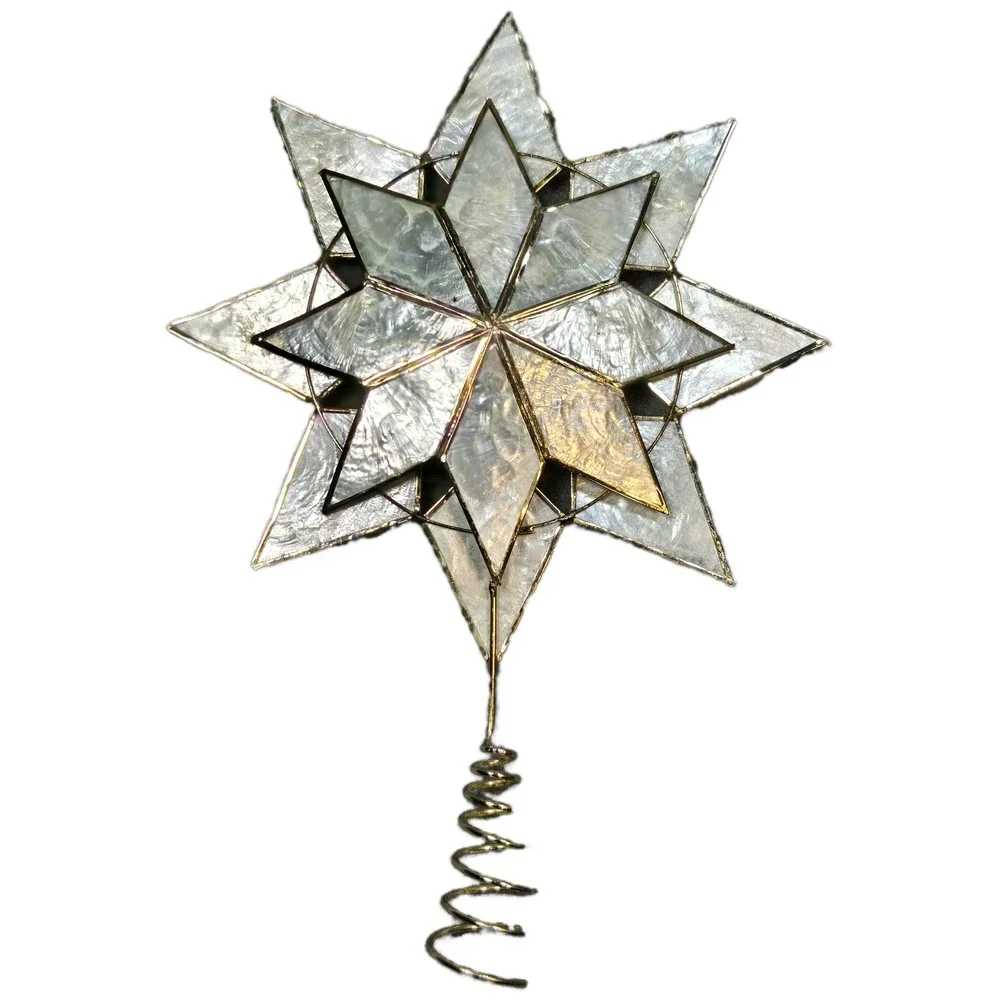 Vintage Capiz Shell Star Christmas Tree Topper Gold Tone Metal 9 Inch Holiday